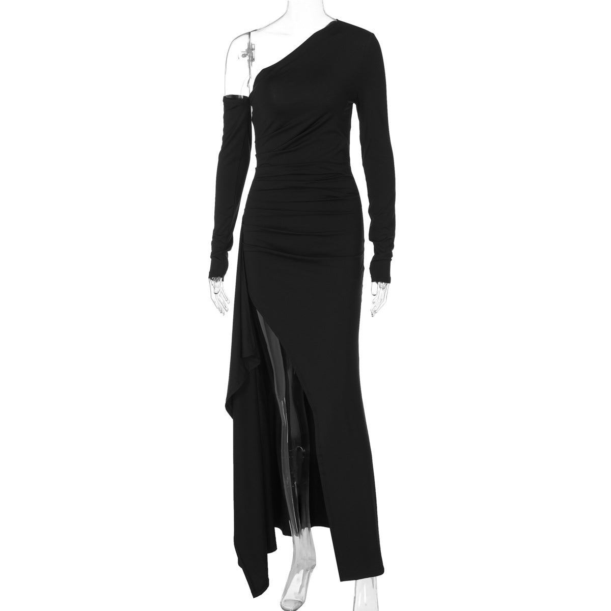 Women Autumn Sexy Diagonal Collar off the Shoulder Fitted Waist Pleated Irregular Asymmetric Slit Dress