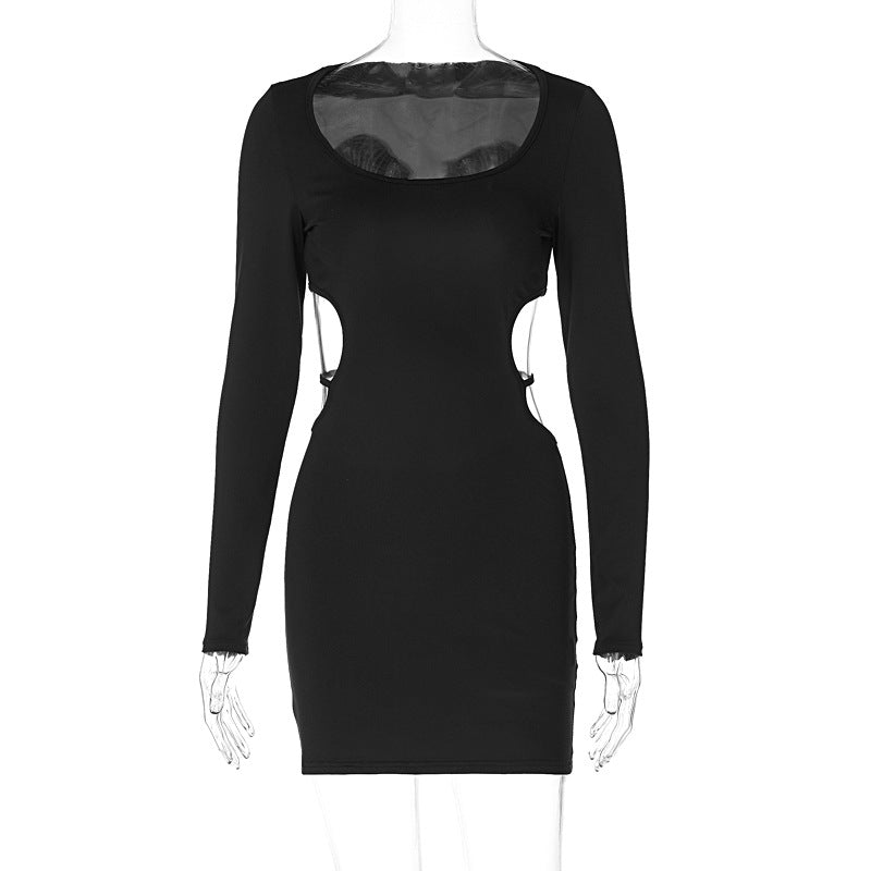 Women Clothing Spring Solid Color Sexy Waist Hollow Out Cutout out Lace up Slimming Slim Dress