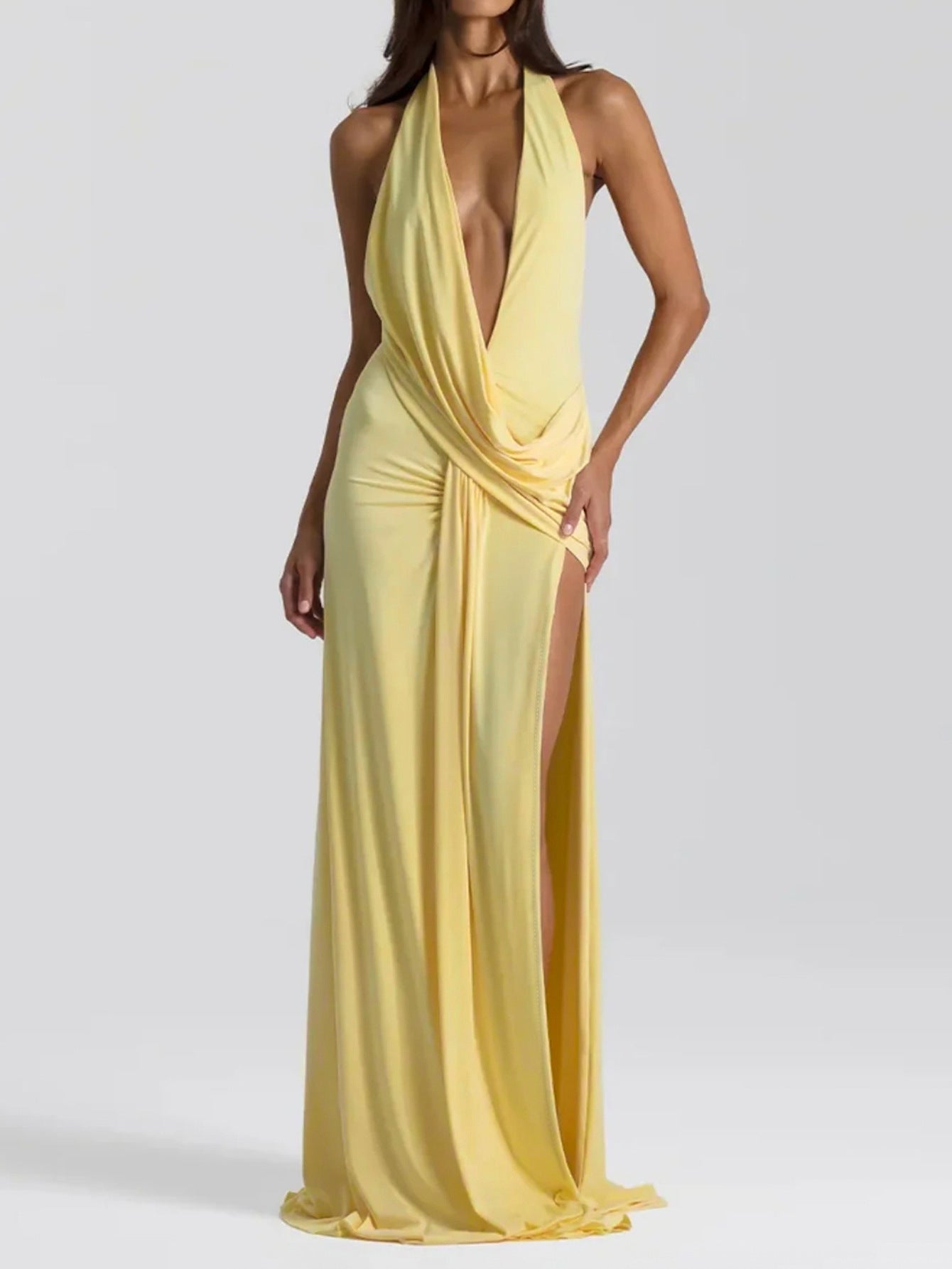 Women Deep V Plunge neck Lace up Backless Sexy Streamers Dress Sexy Maxi Dress